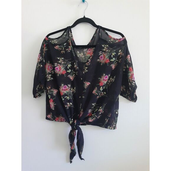 Dresscode Floral Prints Cold Shoulder Hi-Low Hem Chiffon Lightweight Blouse Fits - Picture 2 of 14